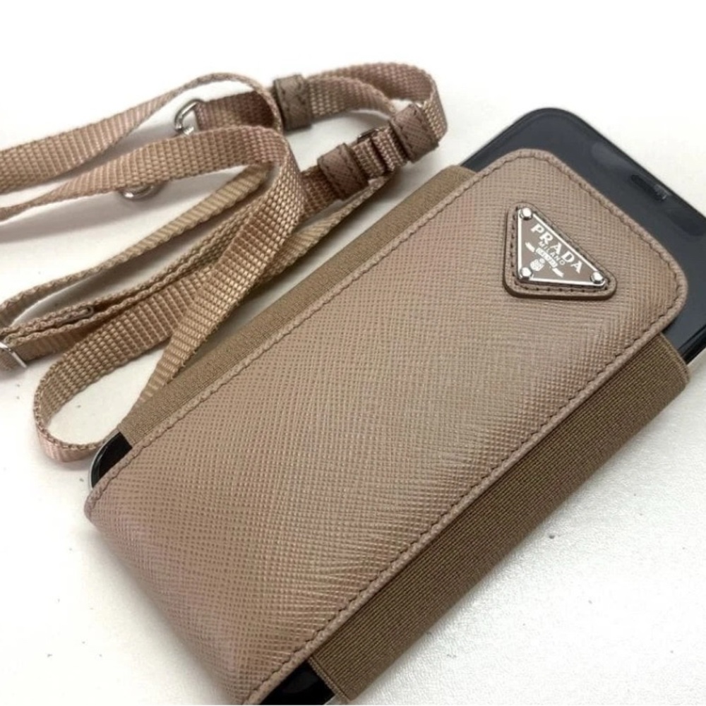 Prada Taupe Symbole Triangle Logo Saffiano Crossbody Phone Holder Lanyard